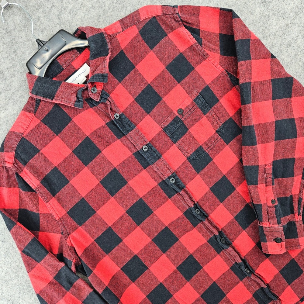 Aeropostale Button Up Shirt Men's Red Black Large Buffalo Plaid Flannel Grunge